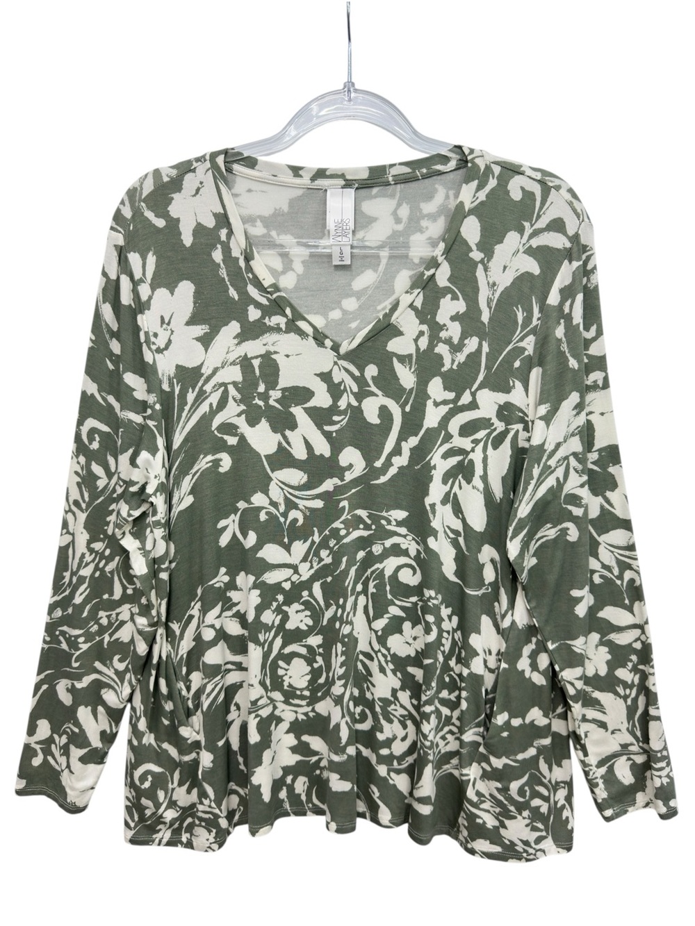 Thick Viscose Liquid Knit Pockets Olive Floral Abstract Art Blouse Top Tee Shirt